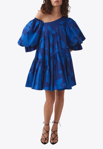 Aje Casabianca One-shoulder Tiered Floral-print Cotton Mini Dress In Blue