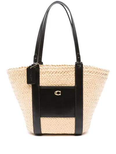 Coach Logo-embellished Straw And Leather Tote Bag In B4natural