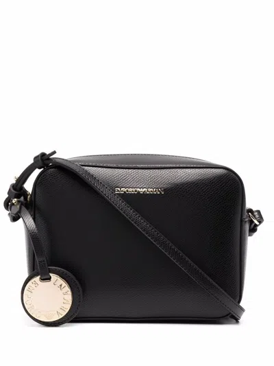 Emporio Armani Palmellato Leather-finish Camera Case With Shoulder Strap And Charm In Black Logo