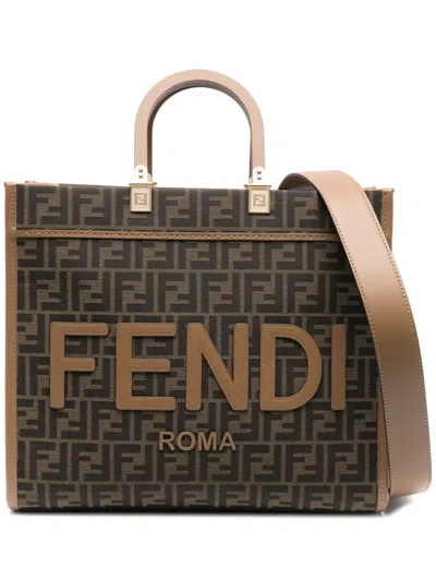 Fendi Embroidered Fabric Sunshine Shopping Bag In Brown