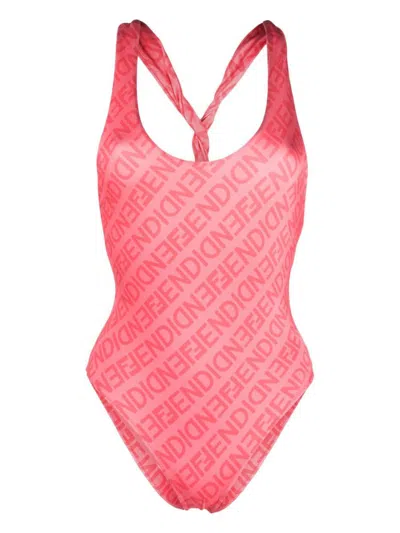 Fendi Mirror Logo-print Swimsuit In Pink