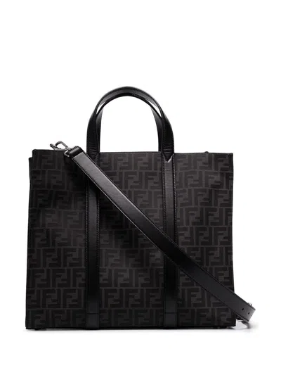 Fendi Ff-monogram Tote Hand Bag In Black