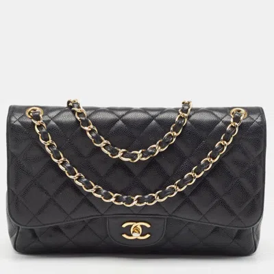Pre-owned Chanel Quilted Caviar Leather Jumbo Classic Double Flap Bag In Black