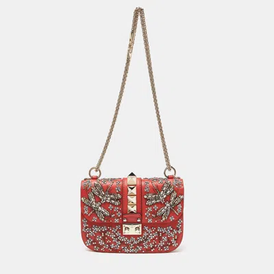 Valentino Garavani Leather Small Crystal Embellished Rockstud Glam Lock Flap Bag In Red