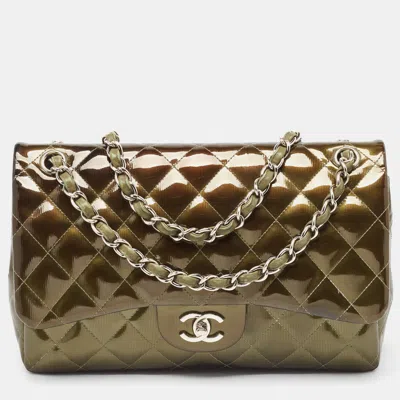Pre-owned Chanel Quilted Patent Leather Jumbo Classic Double Flap Bag In Green