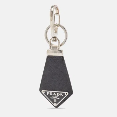 Prada Leather Triangle Logo Key Chain In Black