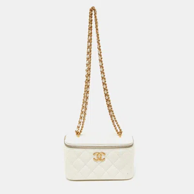 Pre-owned Chanel Offquilted Leather Vanity Case Chain Bag In White