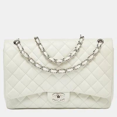 Pre-owned Chanel Offquilted Caviar Leather Maxi Classic Double Flap Bag In White