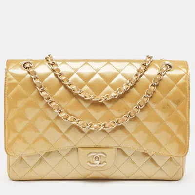 Pre-owned Chanel Quilted Patent Leather Maxi Classic Single Flap Bag In White