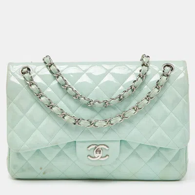 Pre-owned Chanel Quilted Patent Leather Jumbo Classic Double Flap Bag In Green