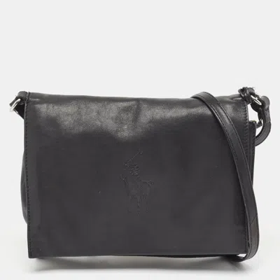 Ralph Lauren Leather Logo Embossed Flap Messenger Bag In Black