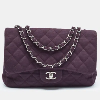 Pre-owned Chanel Dark Quilted Jersey Jumbo Classic Single Flap Bag In Purple