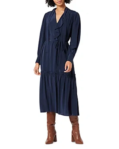 Joie Roussel Ruched Ruffle-trim Midi Dress In Peacoat