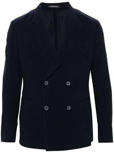 Emporio Armani Wool Double-breasted Blazer Jacket In Blue