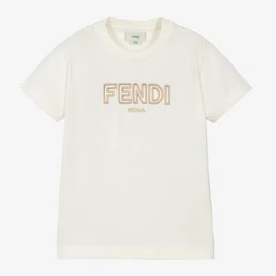 Fendi Ivory Embroidered Cotton T-shirt In Multi