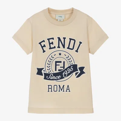 Fendi Kids' Boys Beige Cotton Stamp Logo T-shirt In Multi