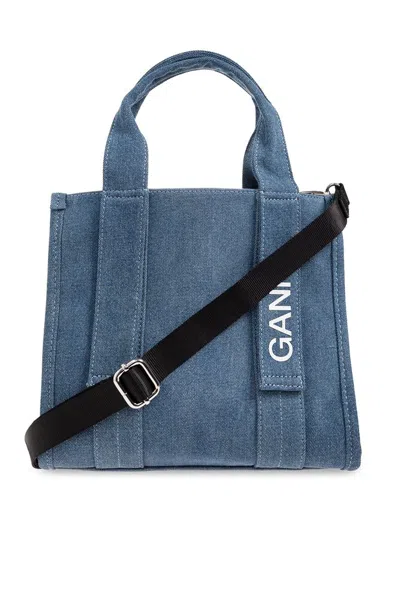 Ganni Womens Denim Branded Recycled-cotton Tote Bag