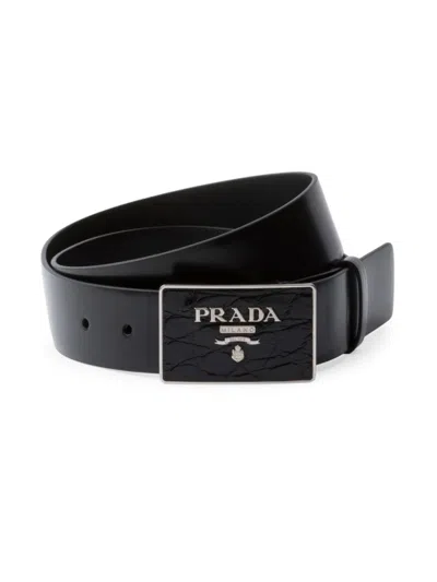 Prada Saffiano Logo-print Belt In Black