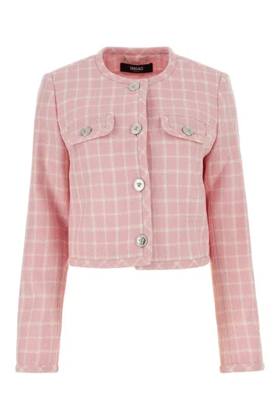 Versace Pink Checked Tweed Jacket With Medusa Head Buttons In Wool Blend Woman