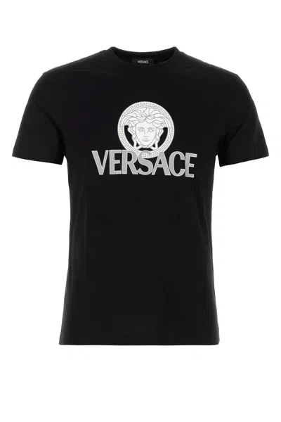 Versace Logo Cotton Jersey T-shirt In Black
