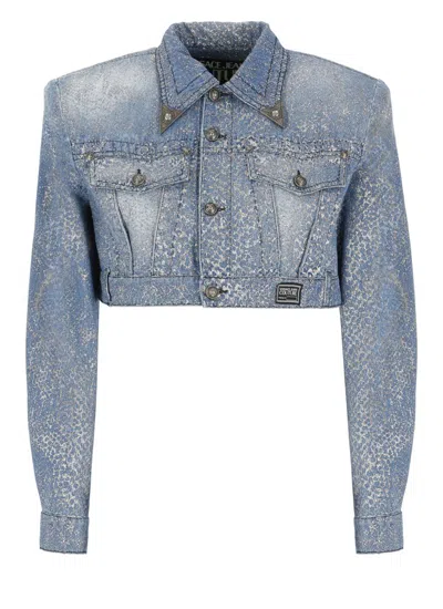 Versace Jeans Couture Cropped Metallic Paint Denim Jacket In Blue