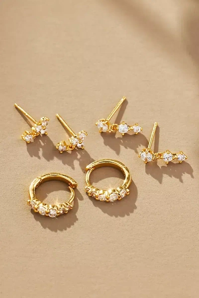 By Anthropologie Delicate Crystal Huggie Hoop Earrings, Set Of 3 In Gold