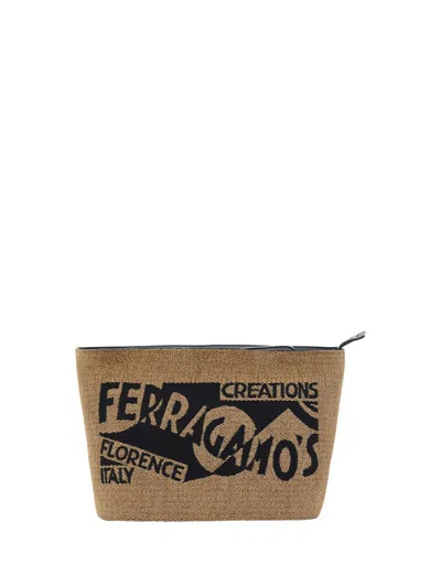 Ferragamo Venna-logo Clutch Bag In Beige/khaki