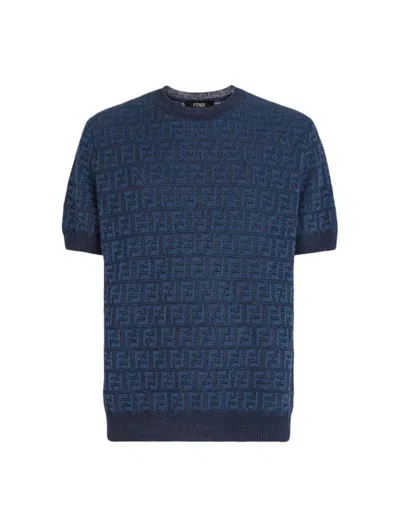 Fendi Blue Ff Cotton And Linen Sweater