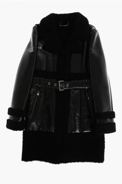 Philipp Plein Patent Leather Maxi Biker With Shearling Details And Belt In Black