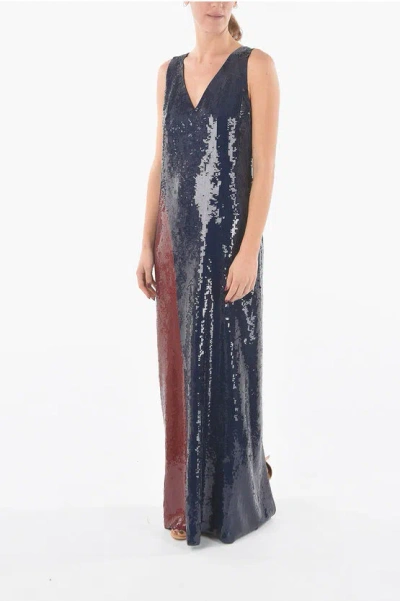 Tory Burch Sequined Sleeve-less Long Dress With Back Slit In Multi