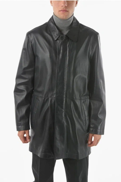 Corneliani Id Hidden Closure Leather Burnish Coat In Black