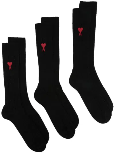 Ami Alexandre Mattiussi Paris Intarsia-knit Logo Socks (pack Of Three) In Wool Tricontine Black