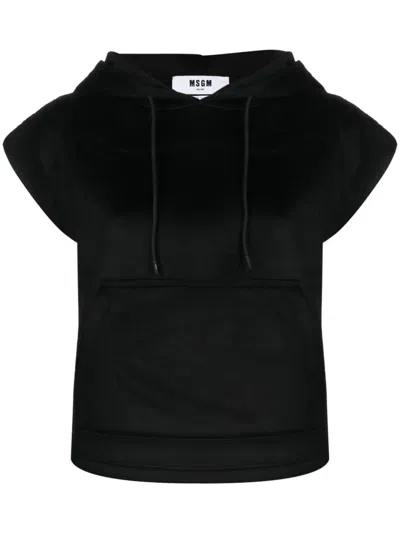 Msgm Cap-sleeve Brushed-effect Hoodie In Black