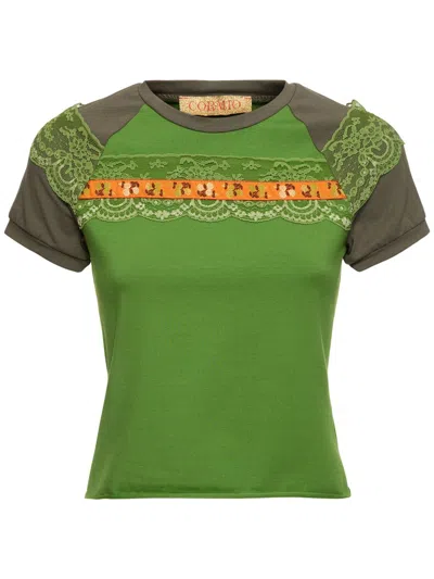 Cormio Cotton Jersey Raglan T-shirt With Lace In Green
