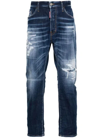 Dsquared2 Distressed Washed-denim Jeans In Navy Blue