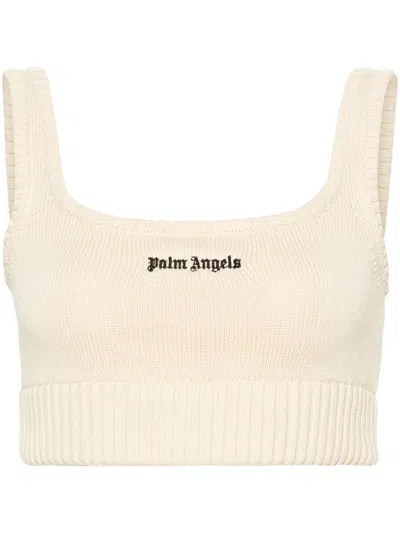 Palm Angels Embroidered-logo Knit Tank Top In Off White Black