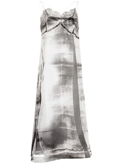 Maison Margiela Freeze-frame Silk Midi Dress In Lilac,pistachio
