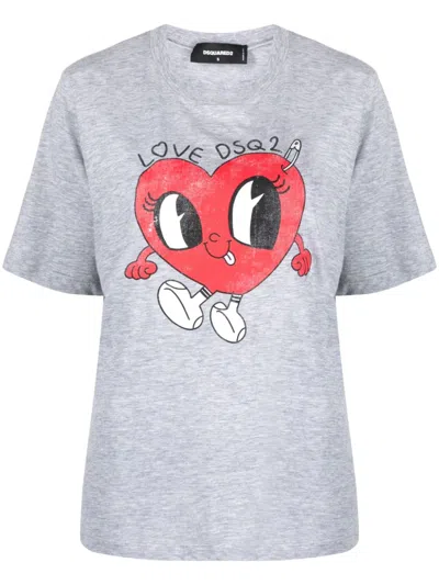 Dsquared2 Heart-print Round-neck T-shirt In Grey