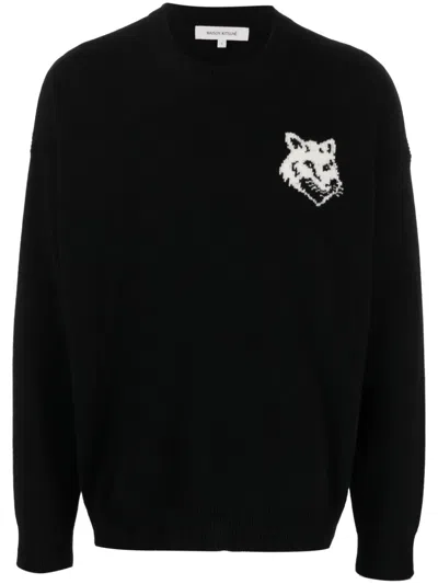 Maison Kitsuné Intarsia-knit Logo Wool Jumper In Black