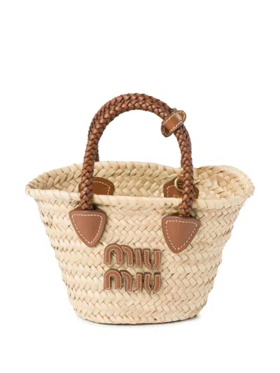 Miu Miu Logo-appliqué Woven Tote Bag In Naturale+cognac