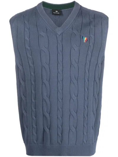 Paul Smith Logo-embroidered Cable-knit Vest In Greyish Blue