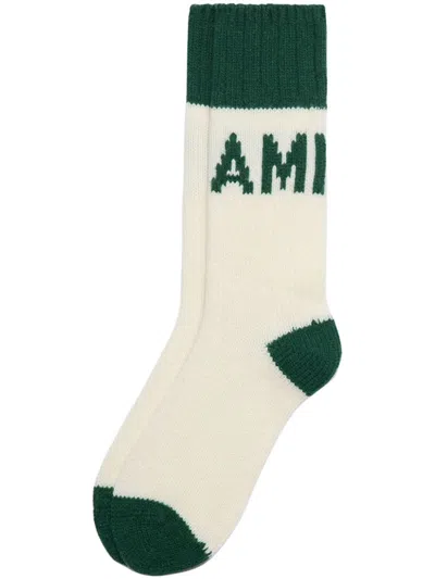 Ami Alexandre Mattiussi Logo-intarsia Knitted Socks In Bottle Green