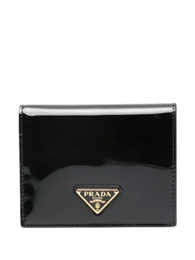 Prada Logo-plaque High-shine Finish Leather Wallet In Nero