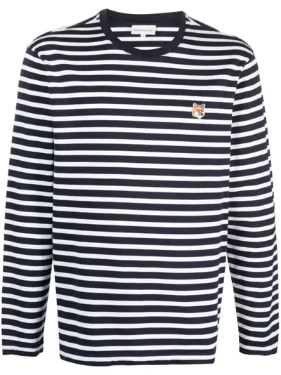 Maison Kitsuné Fox-motif Striped Cotton T-shirt In Navy Blue
