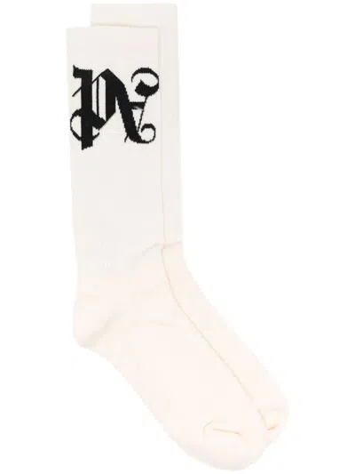 Palm Angels Monogram-jacquard Socks In Black White