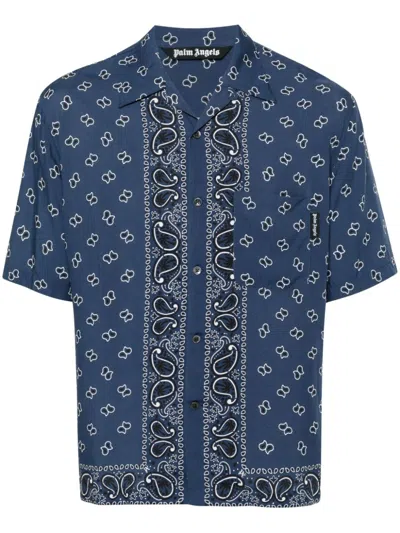 Palm Angels Paisley-print Bowling Shirt In Navy Blue Navy Blue
