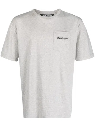 Palm Angels Logo-embroidered Mélange T-shirt In Melange Grey