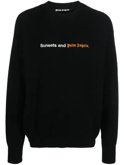 Palm Angels Slogan-embroidery Crew-neck Jumper In Black White