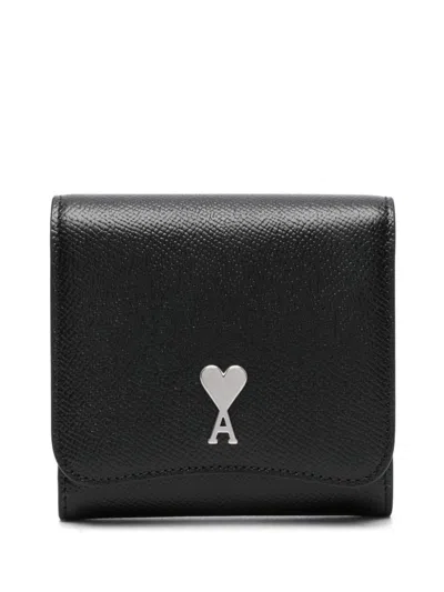 Ami Alexandre Mattiussi Ami Paris Leather Wallet In Noir,argent Vibre