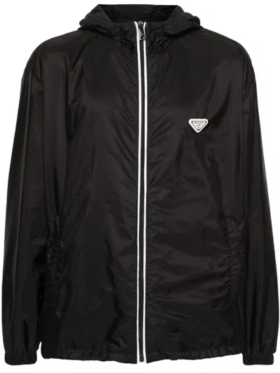 Prada Re-nylon Enamel Triangle-logo Jacket In Nero+bianco